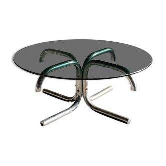 Table basse ronde en métal chromé et verre fumé,1970s