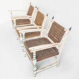 Set of vintage wooden and woven rope armchairs with a matching table. Spain, 1960s.