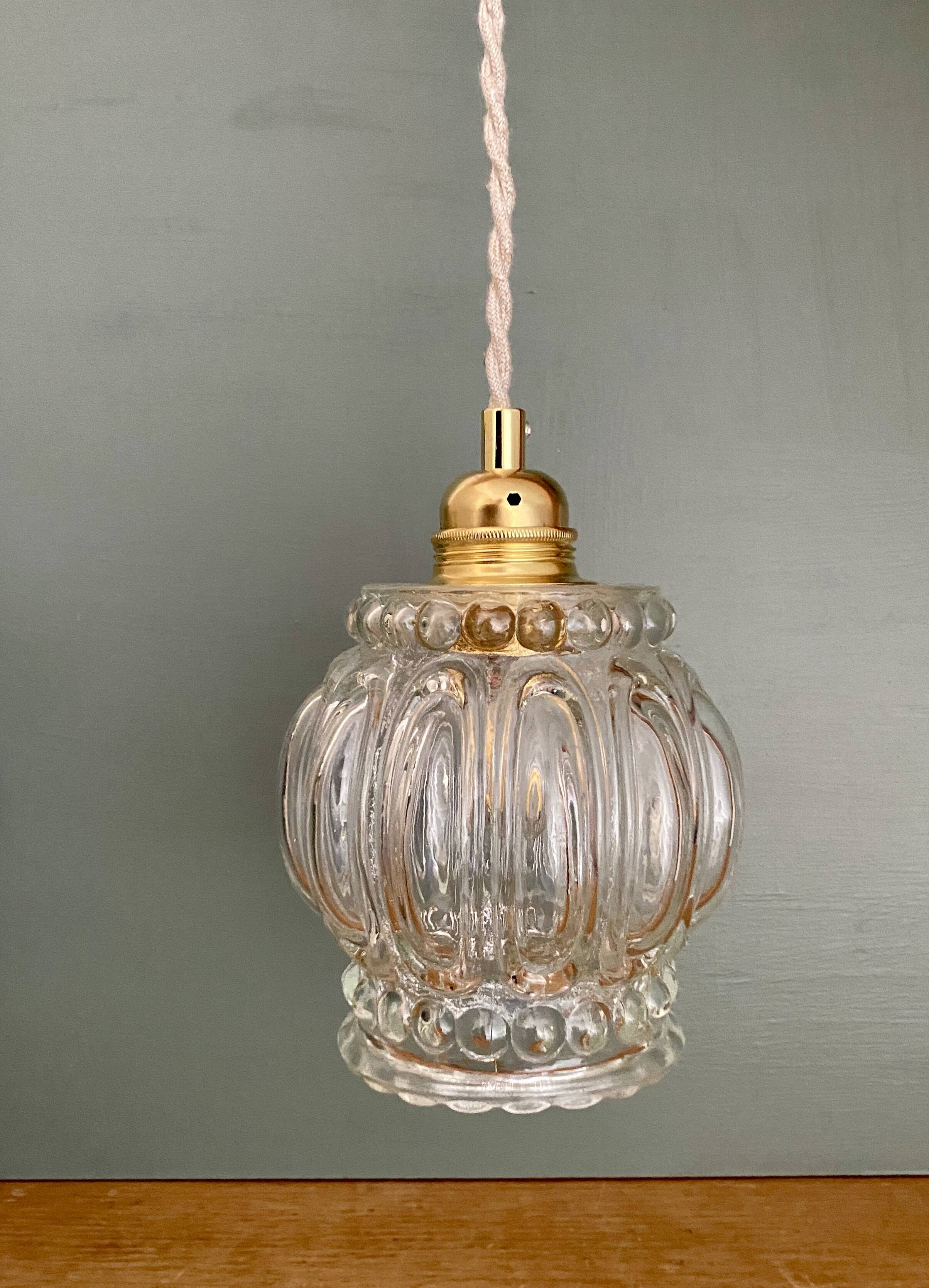 Vintage globe pendant light in transparent bubbled glass