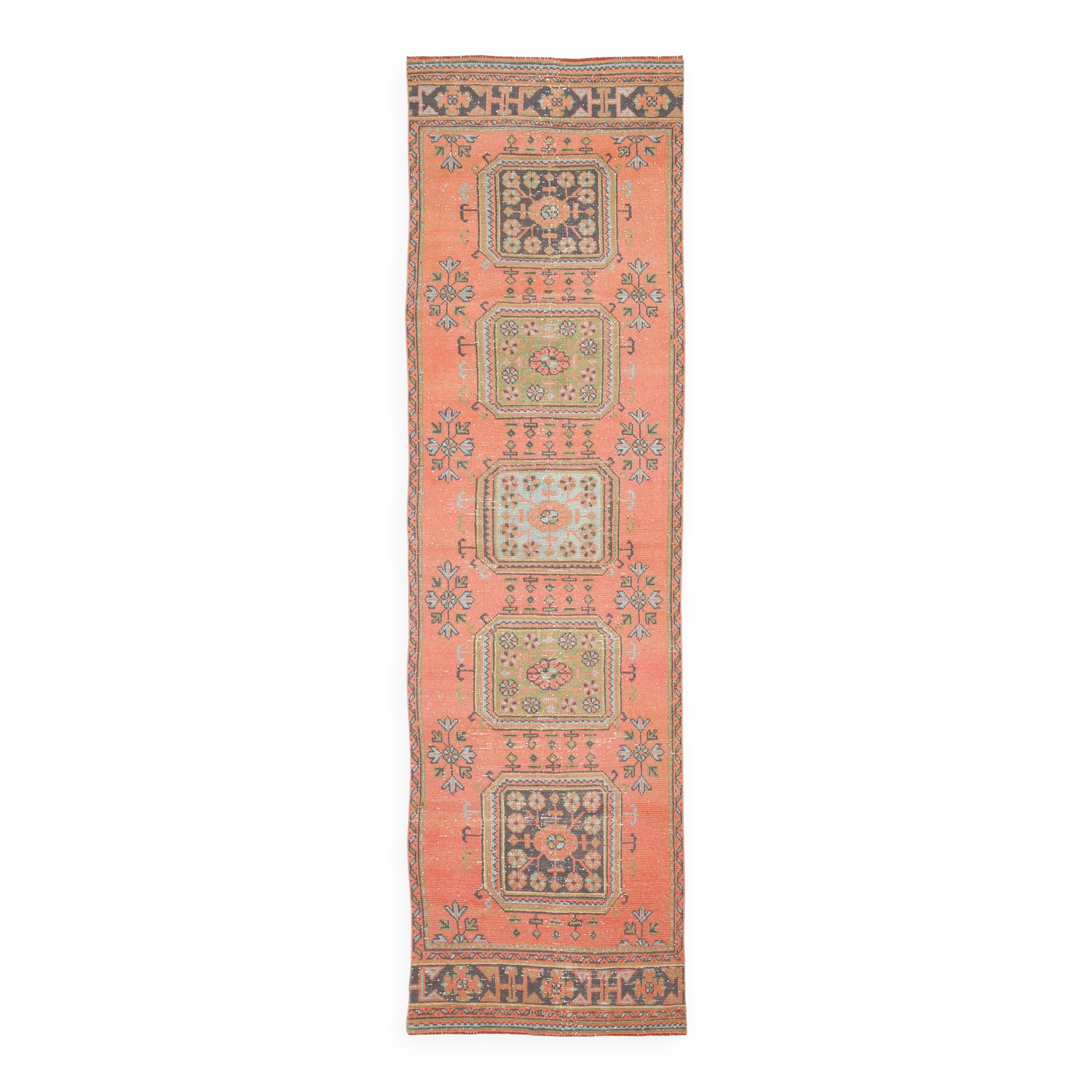 3x11 Vintage Terracotta Oriental Pattern Turkish Runner Rug, 89x342Cm