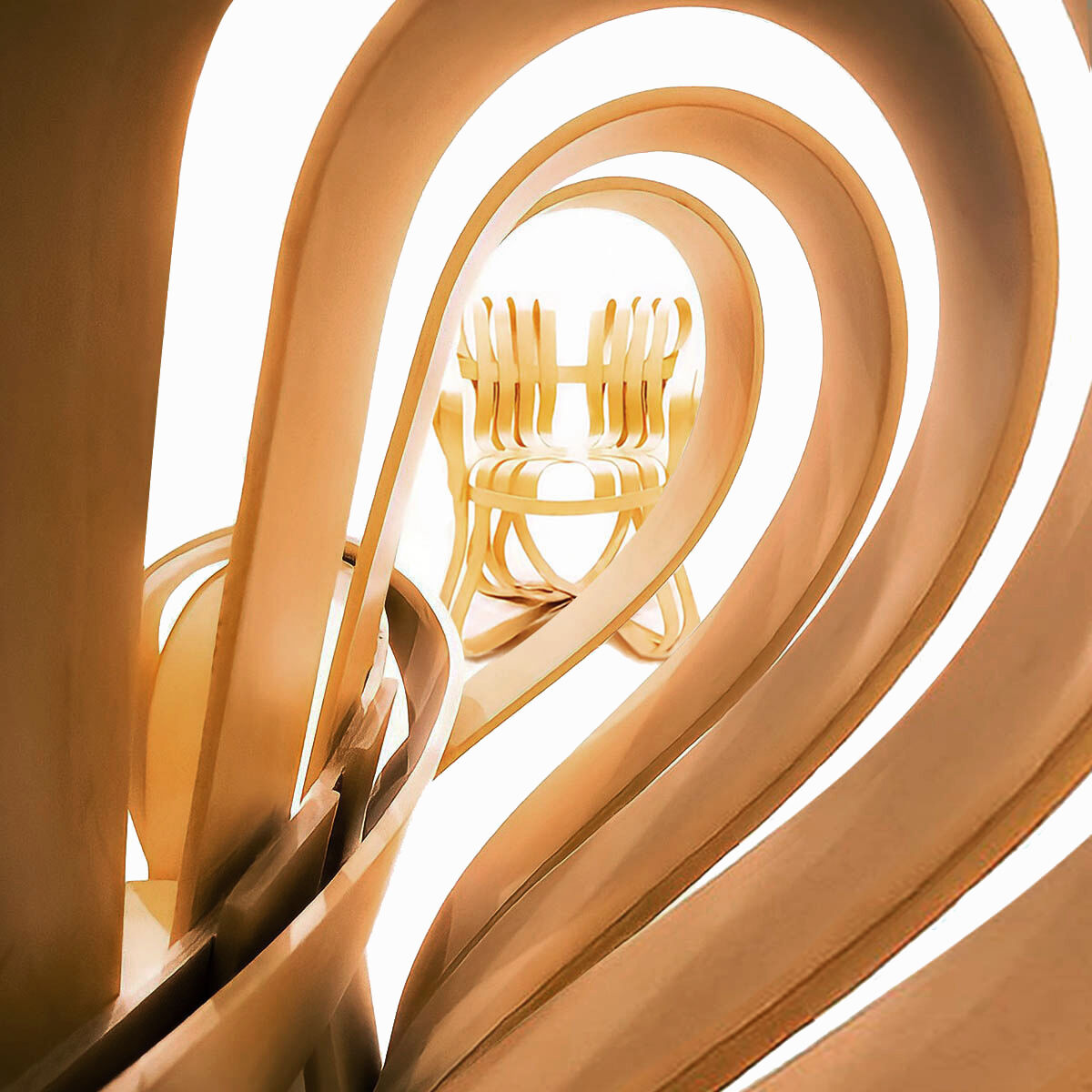 Frank Gehry dinette with 2 bentwood Cross Check chairs and a Face Off dining table for Knoll Inc.