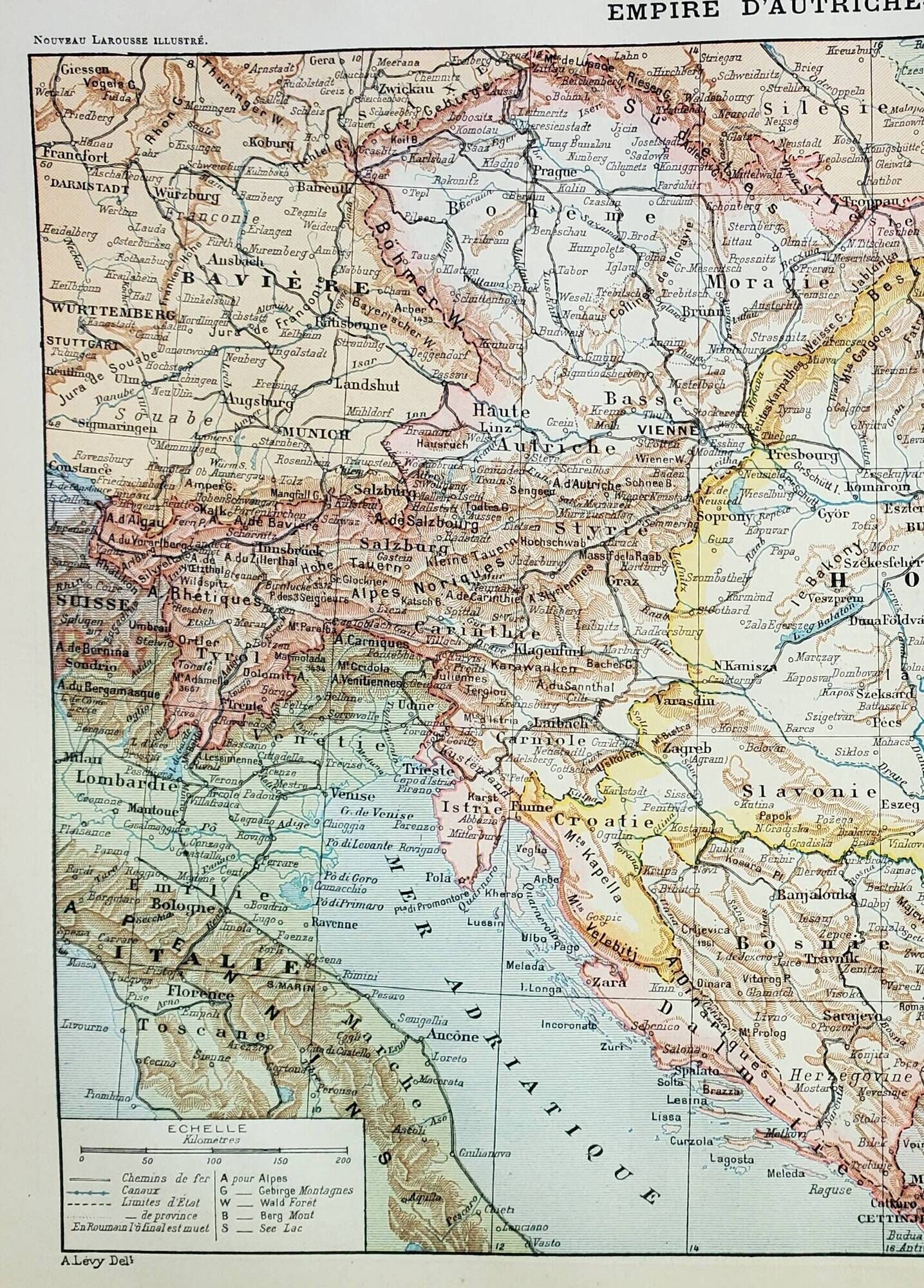 Old engraving 1898, Empire of Austria-Hungary, map • Lithograph, Original plate