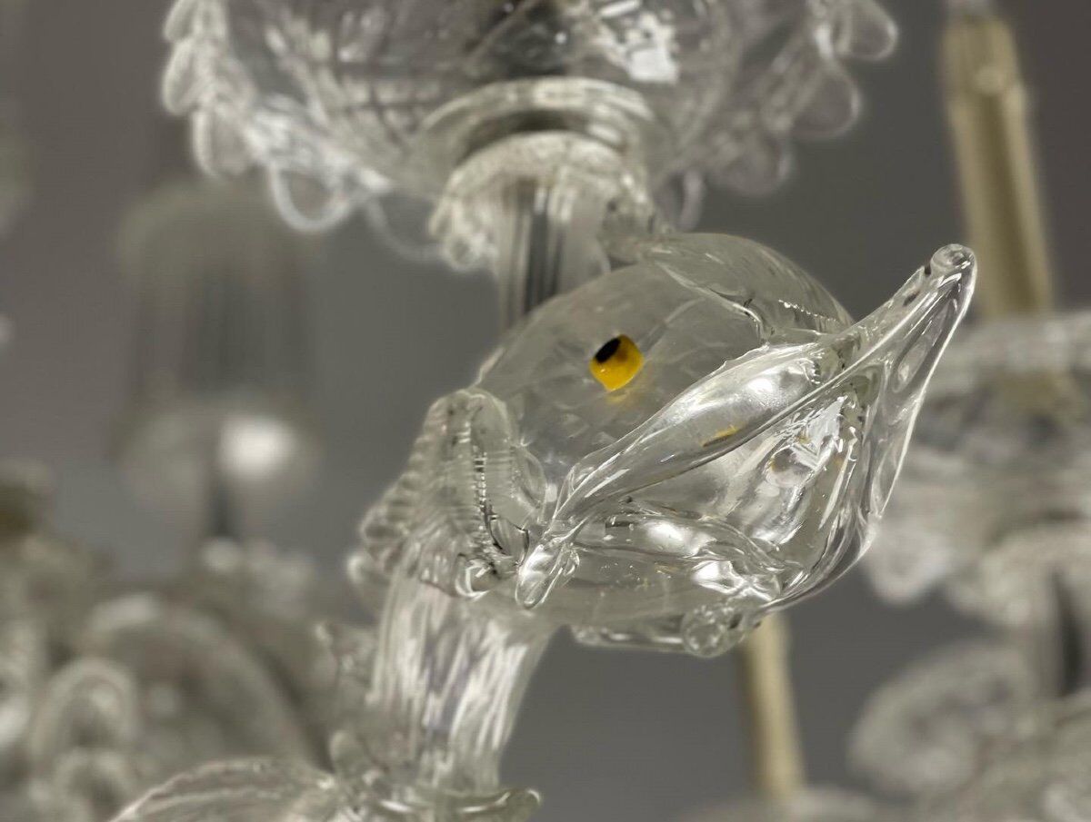 Venetian chandelier in transparent murano glass, 12 arms of light