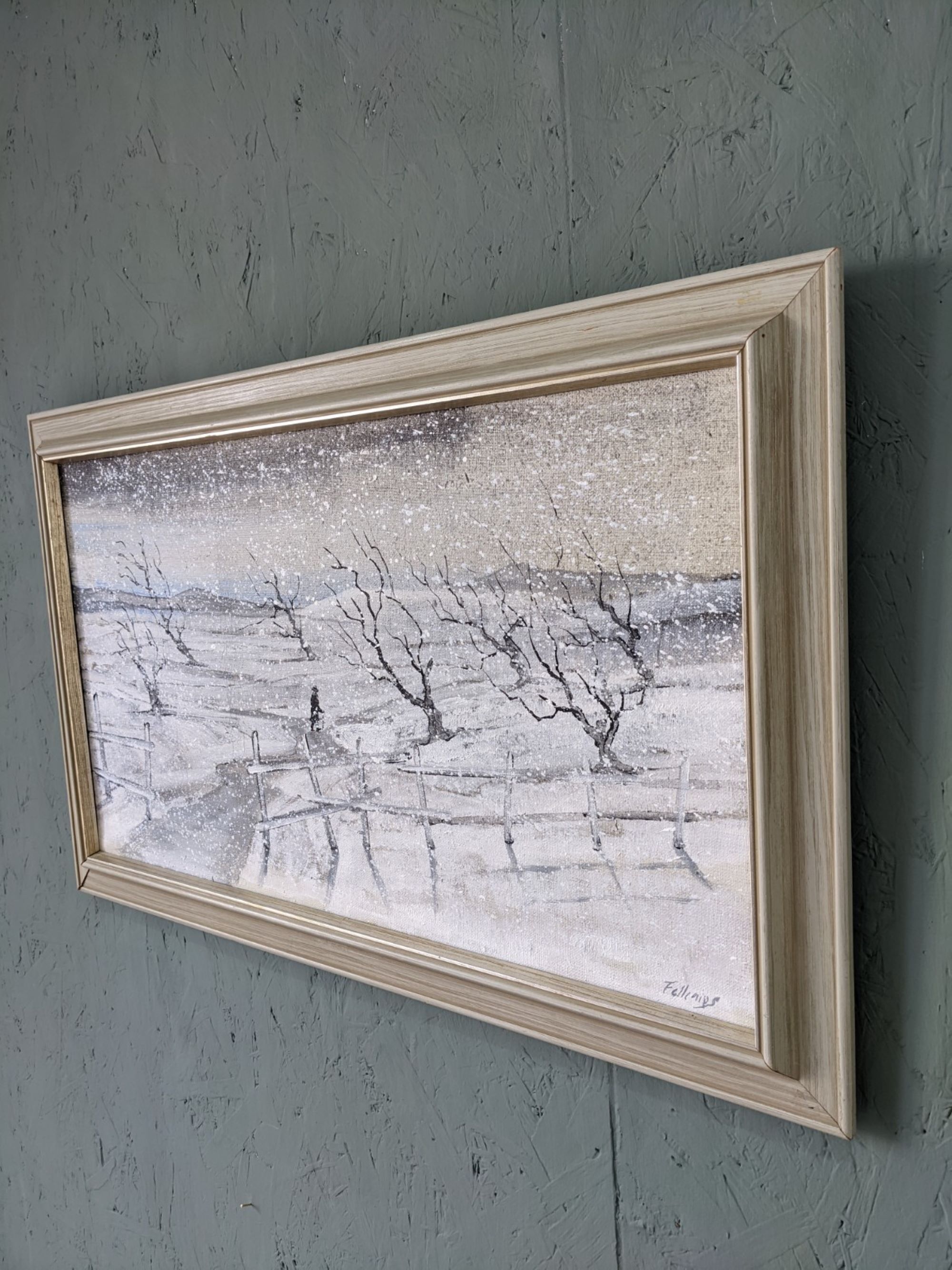 Mid-Century Modern Swedish "Snowfall" Vintage Winter Landscape Oil Painting, Framed