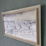 Mid-Century Modern Swedish "Snowfall" Vintage Winter Landscape Oil Painting, Framed