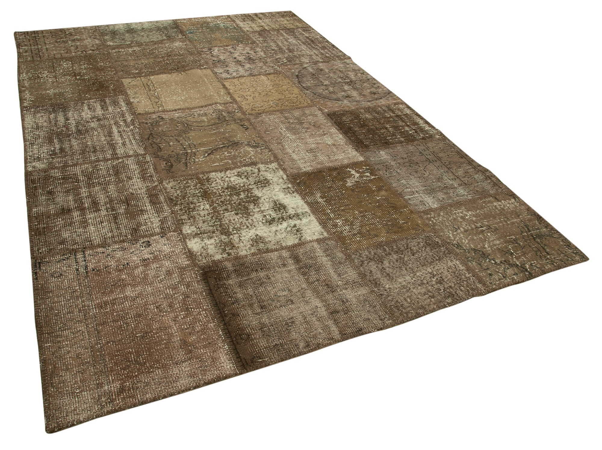 Handwoven oriental overdyed 196 cm x 304 cm brown patchwork carpet