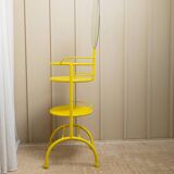 Yellow metal side table with swiveling oval mirror and two tray shelves, vintage 1960s Italy