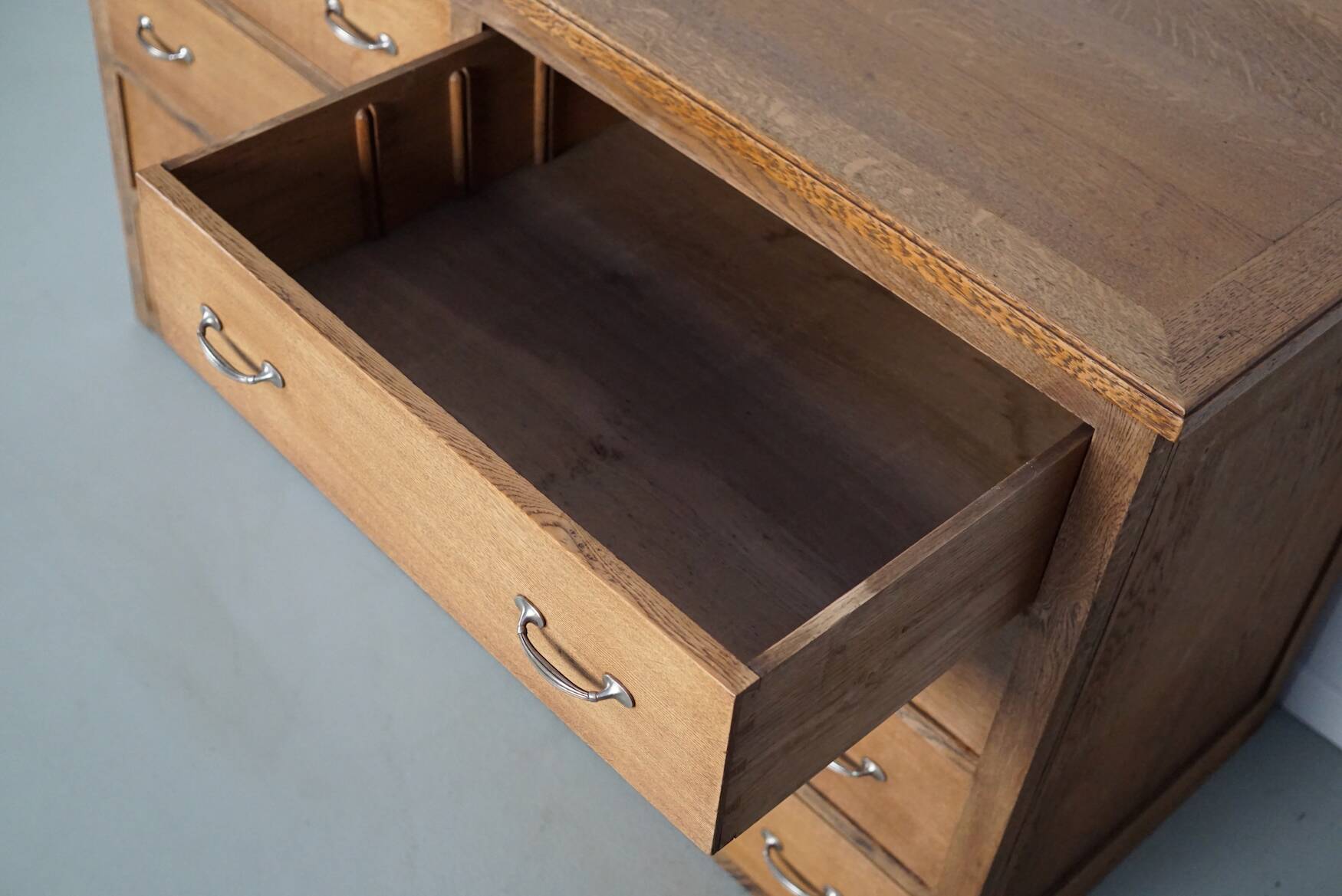 Antique French oak shop cabinet / kitchen island, 1930s