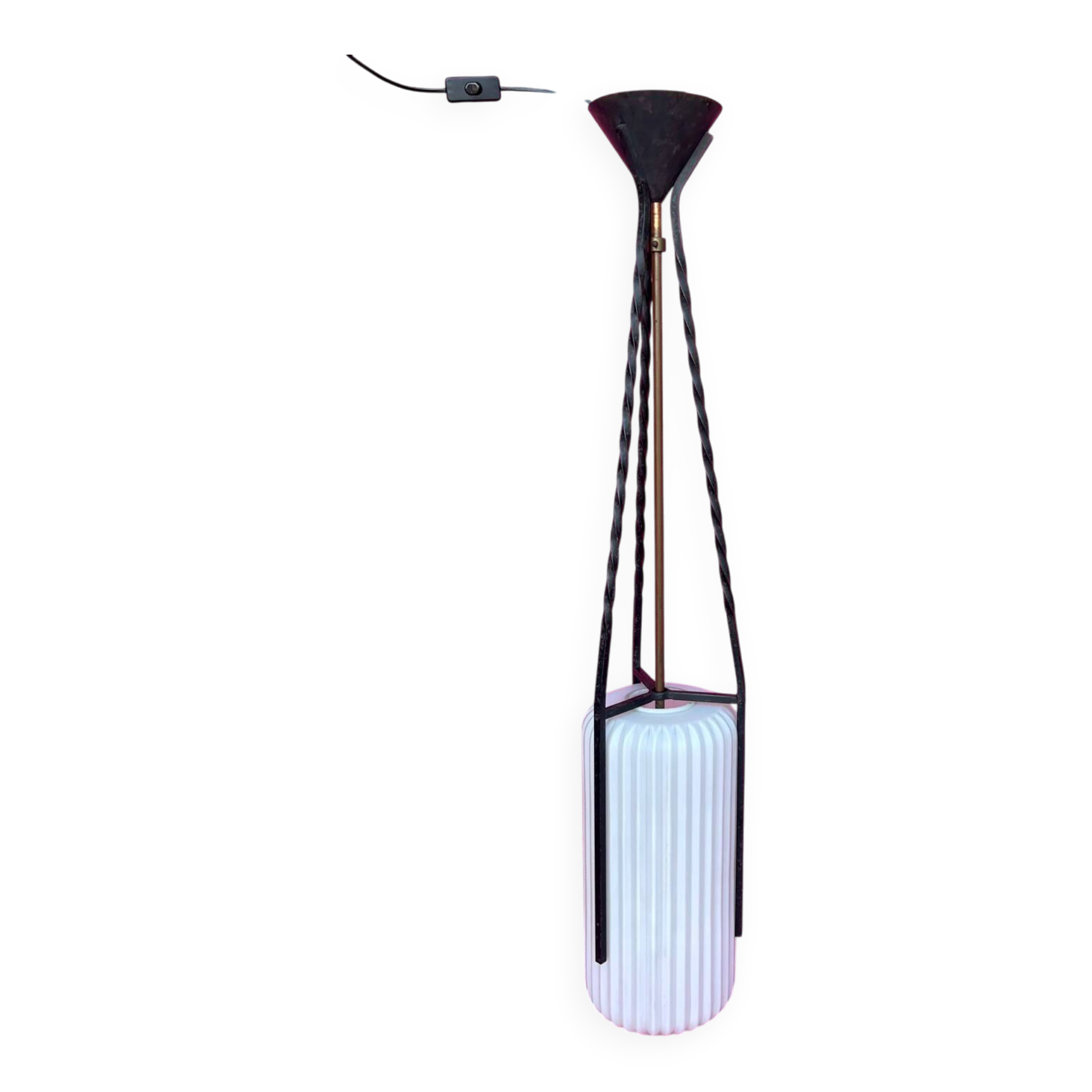 LAMP/IRON SUSPENSION FORGED OPAQUE WHITE GLASS CYLINDRICAL TUBE