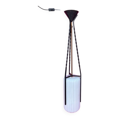 LUSTRE/SUSPENSION FER FORGE VERRE OPAQUE BLANC TUBE CYLINDRIQUE