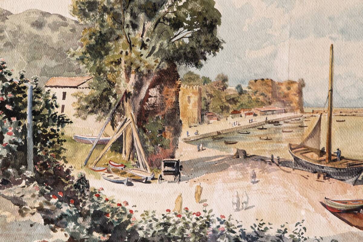 Orientalist watercolor, animated landscape, Mediterranean port
