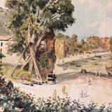 Orientalist watercolor, animated landscape, Mediterranean port