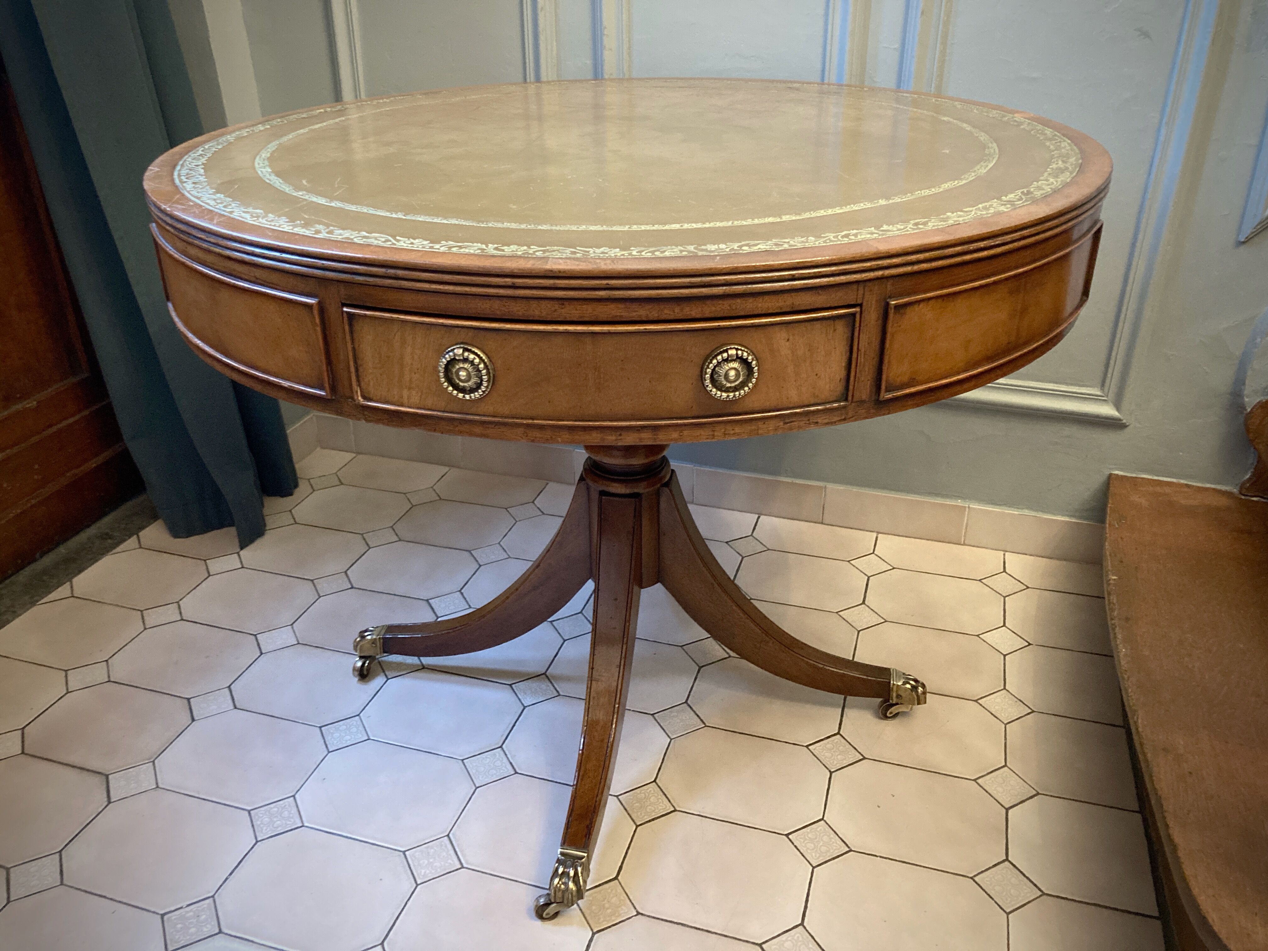 Old drum table 1900 cherry leather and brass