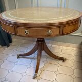 Table tambour 1900  merisier cuir et laiton