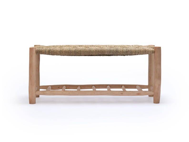 Handcrafted bench with shelves, raffia seat, natural wood bench