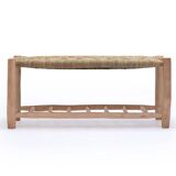 Handcrafted bench with shelves, raffia seat, natural wood bench