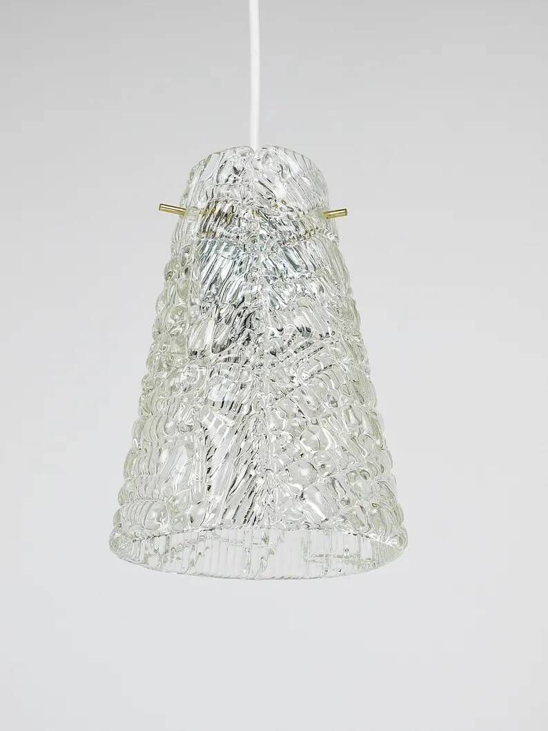 J.T. Kalmar Mid-Century Textured Glass & Brass Pendant Lamp, Austria, 1950s
