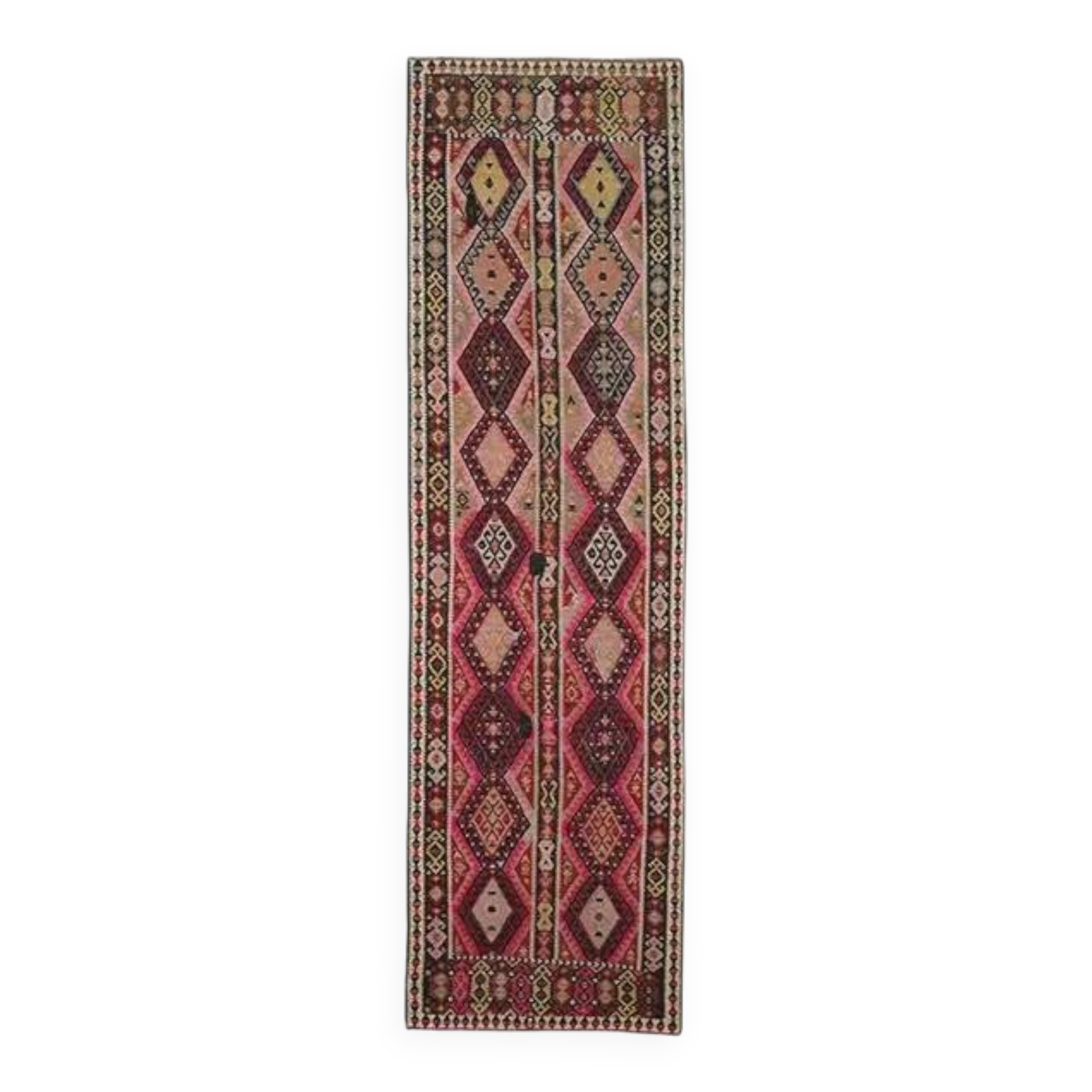 1970s Vintage Turkish Oushak Handmade Wool Cotton Pink Runner Rug 115x451