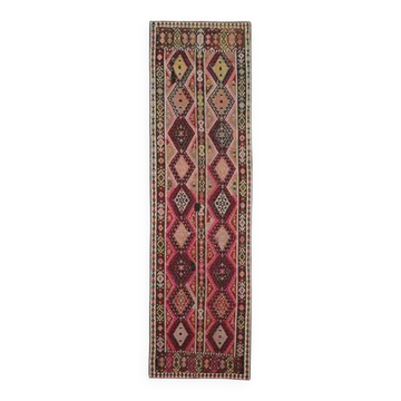 1970s Vintage Turkish Oushak Handmade Wool Cotton Pink Runner Rug 115x451