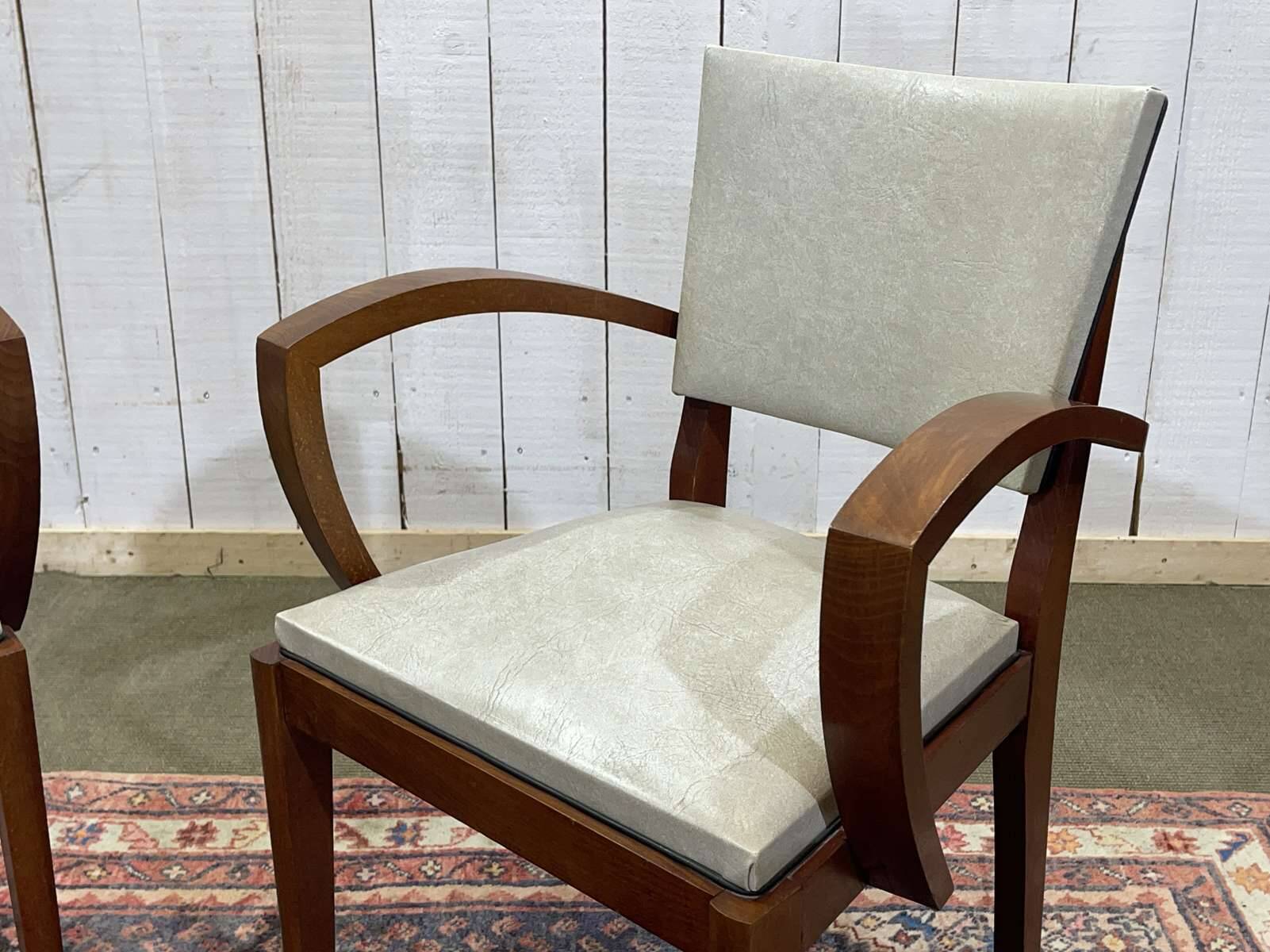 Pair of Art Deco bridge chairs in beech and imitation leather from the 1950s