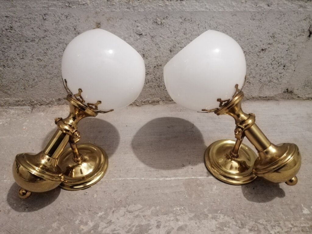 Pair of brass boat swivel appliques - opalin glass globe