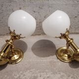Pair of brass boat swivel appliques - opalin glass globe