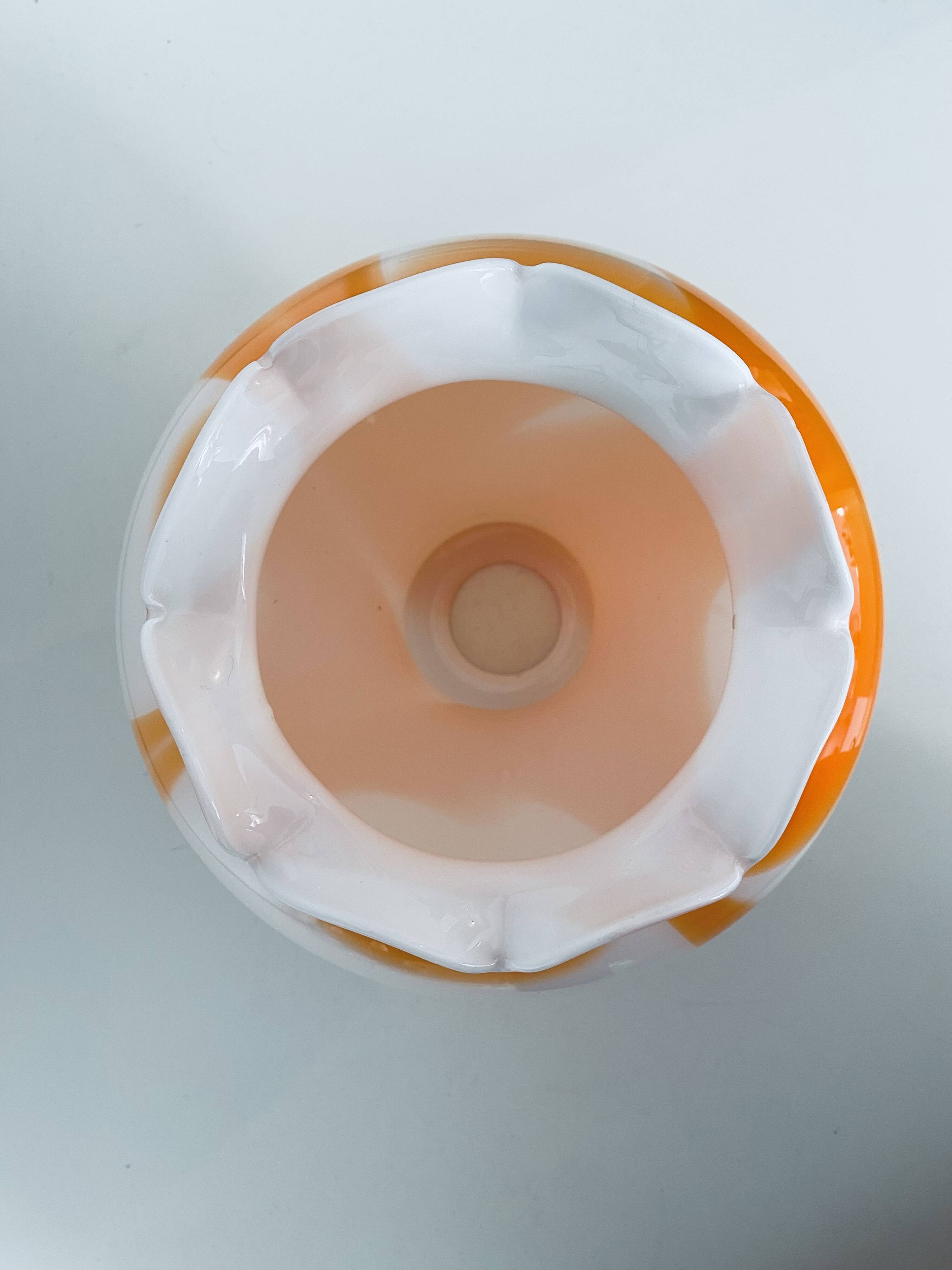 Globe lampshade in orange and white glass, vintage 1970s Space Age.
