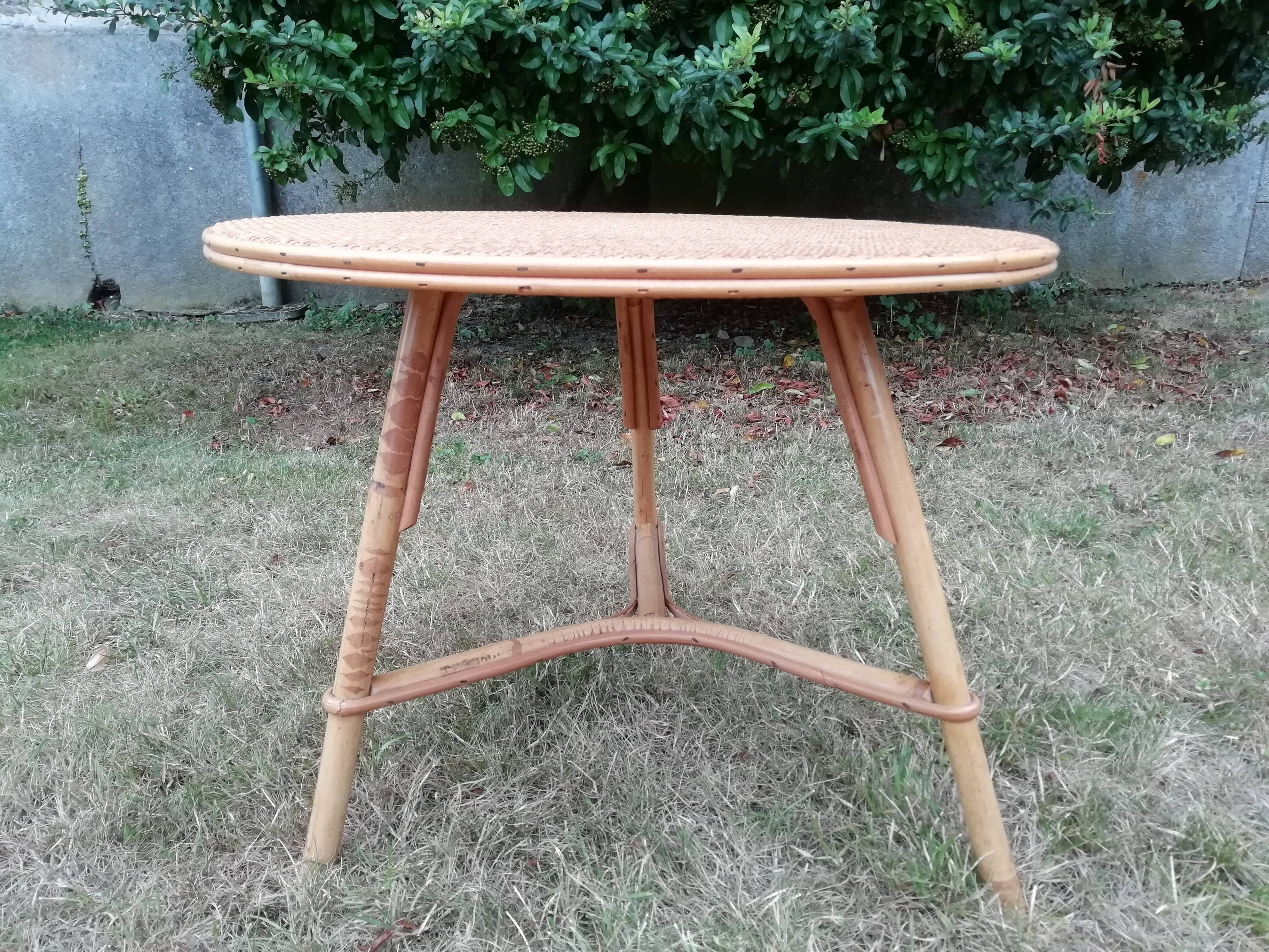 Vintage round rattan tripod coffee table