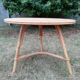 Table basse rotin ronde trépied vintage