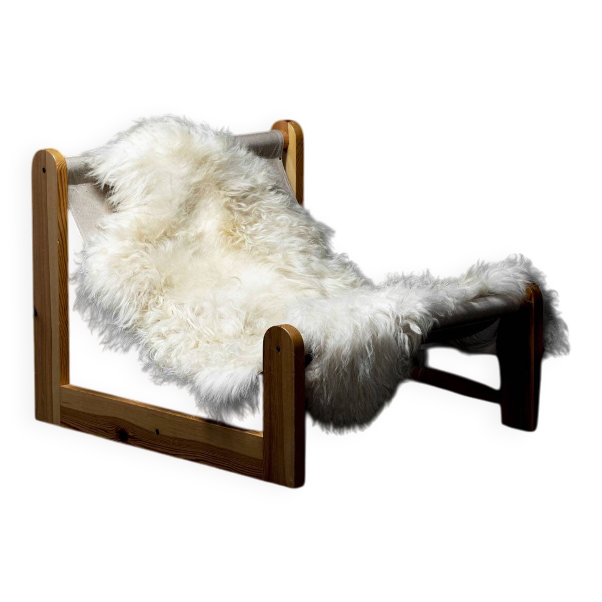 Sling chair in pine, canvas and sheepskin, 1970s