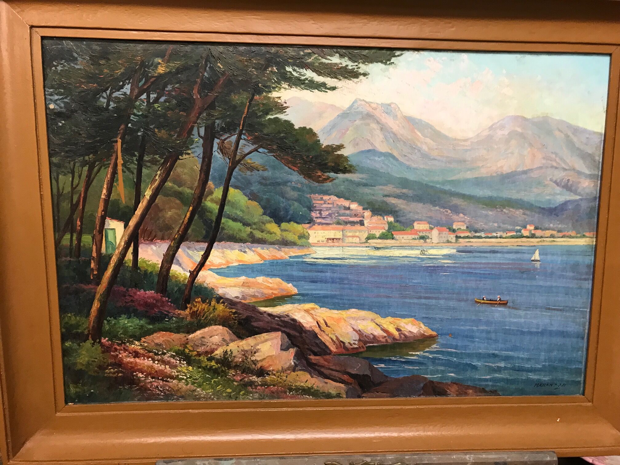 MANANT JEAN BAPTISTE OIL PAINTING SIGNED. SMALL MEDITERRANEAN PORT COTE D'AZUR