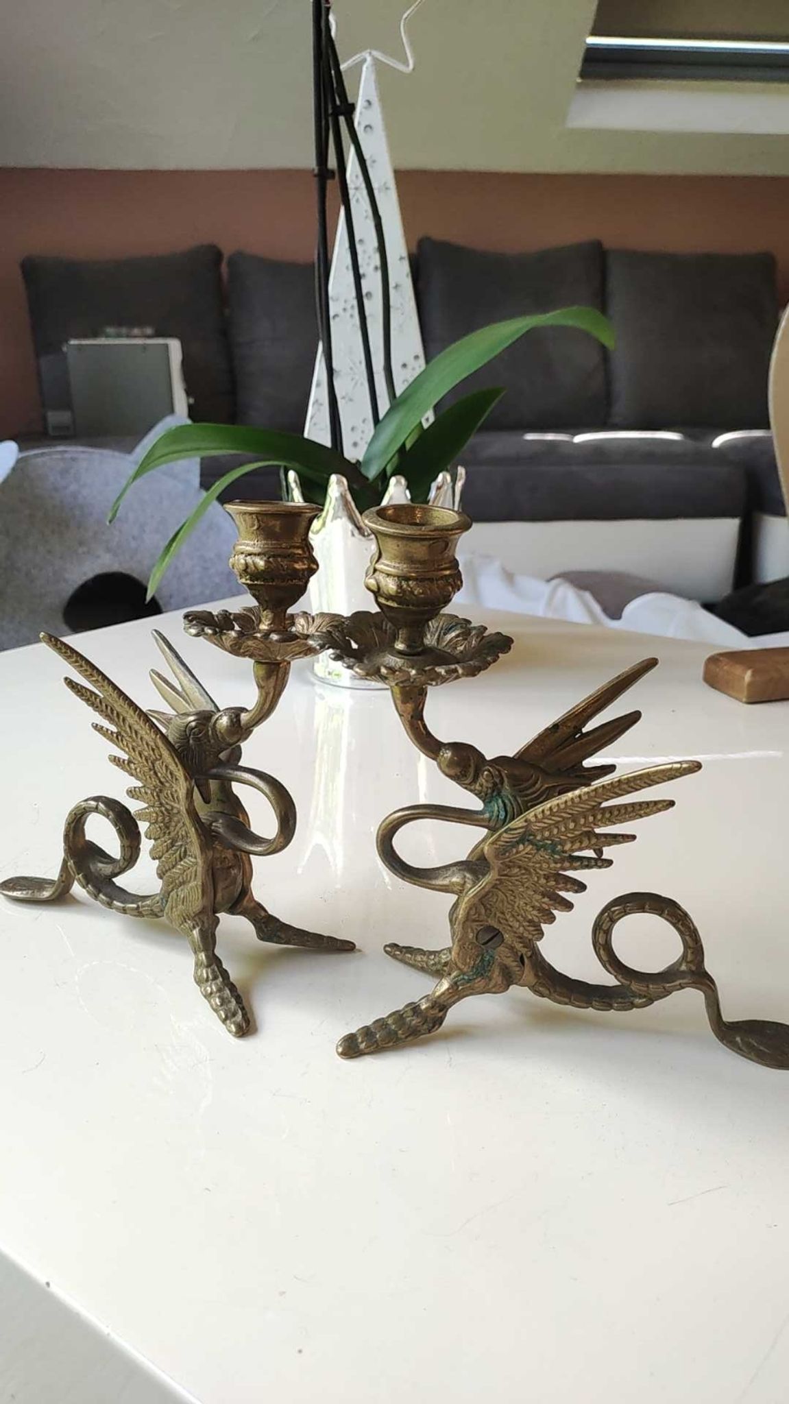 Pair of bougeoirs antiques dragons winged / chimeras / phoenix, style napoleon iii, 19th. in gilded bronze