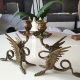 Pair of bougeoirs antiques dragons winged / chimeras / phoenix, style napoleon iii, 19th. in gilded bronze