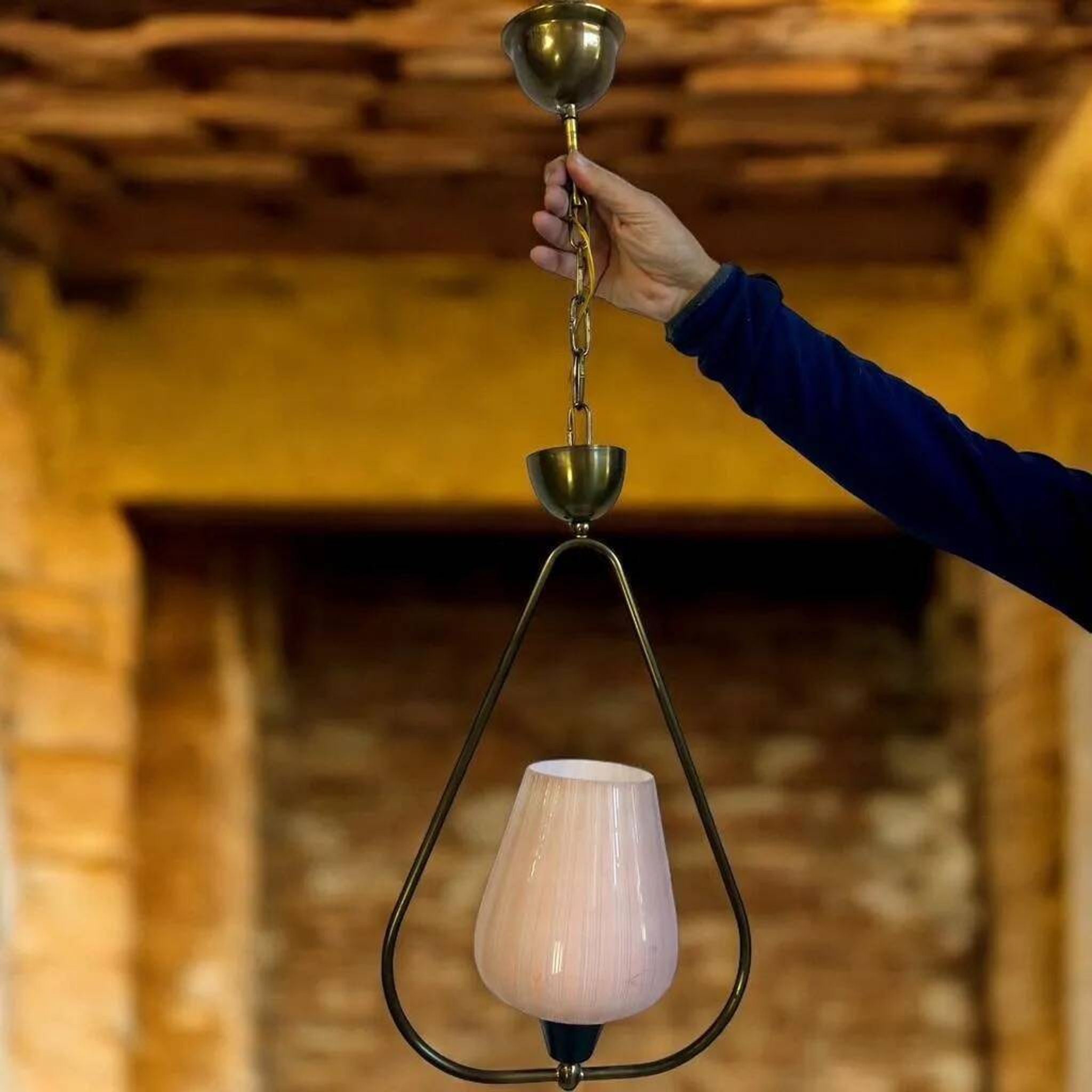 Vintage pendant lamp from the 50s brass & salmon pink opaline