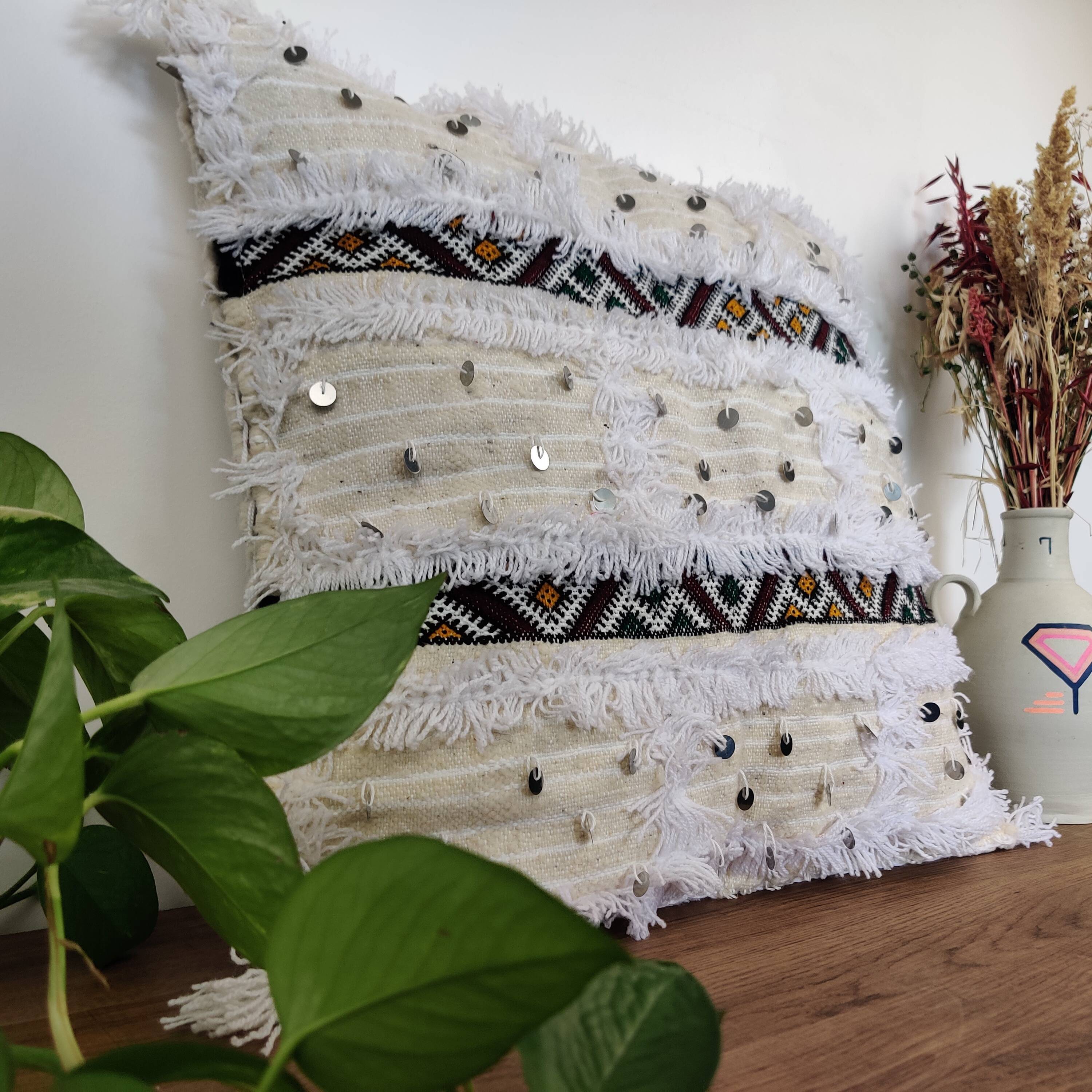 Moroccan white handira kilim cushion
