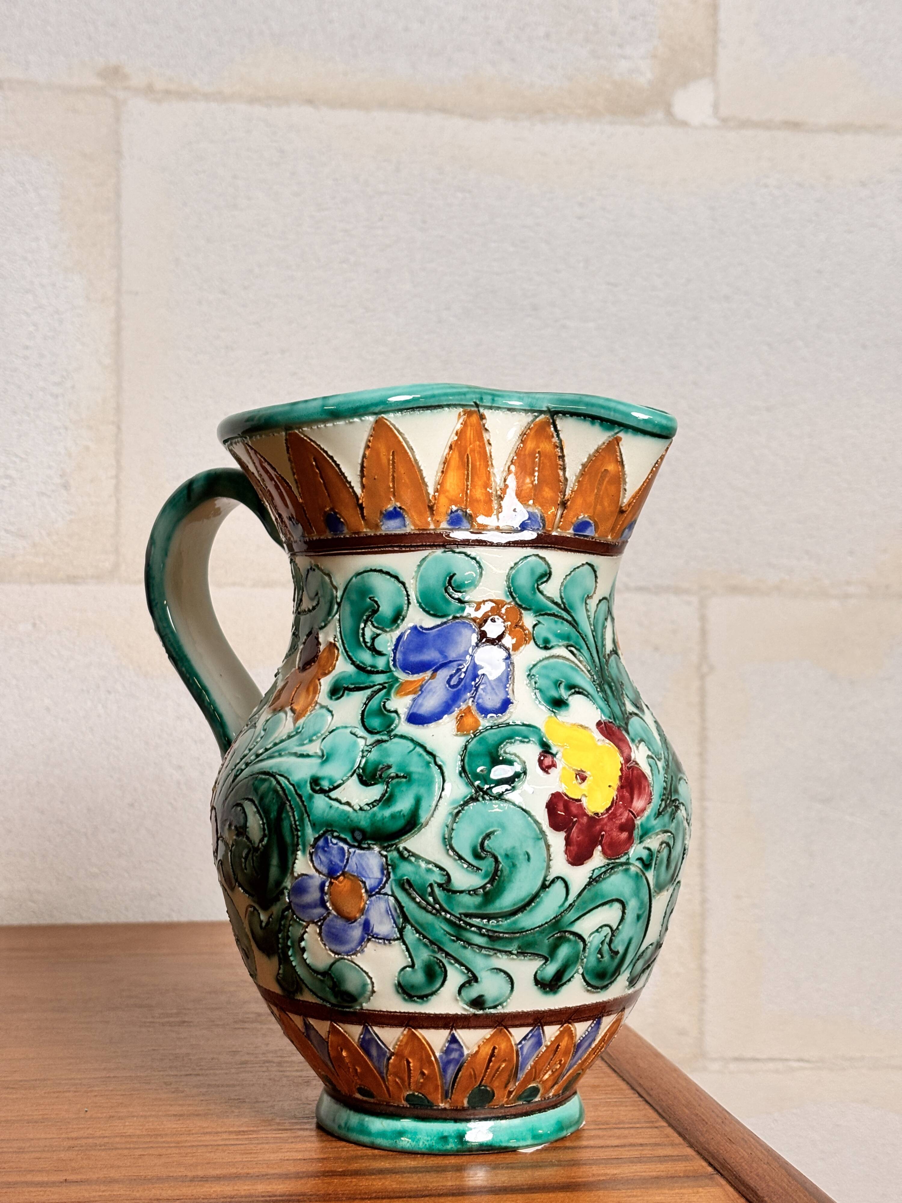 Vase jug with handle – floral decoration, signed Cerart Monaco ⎥1960s