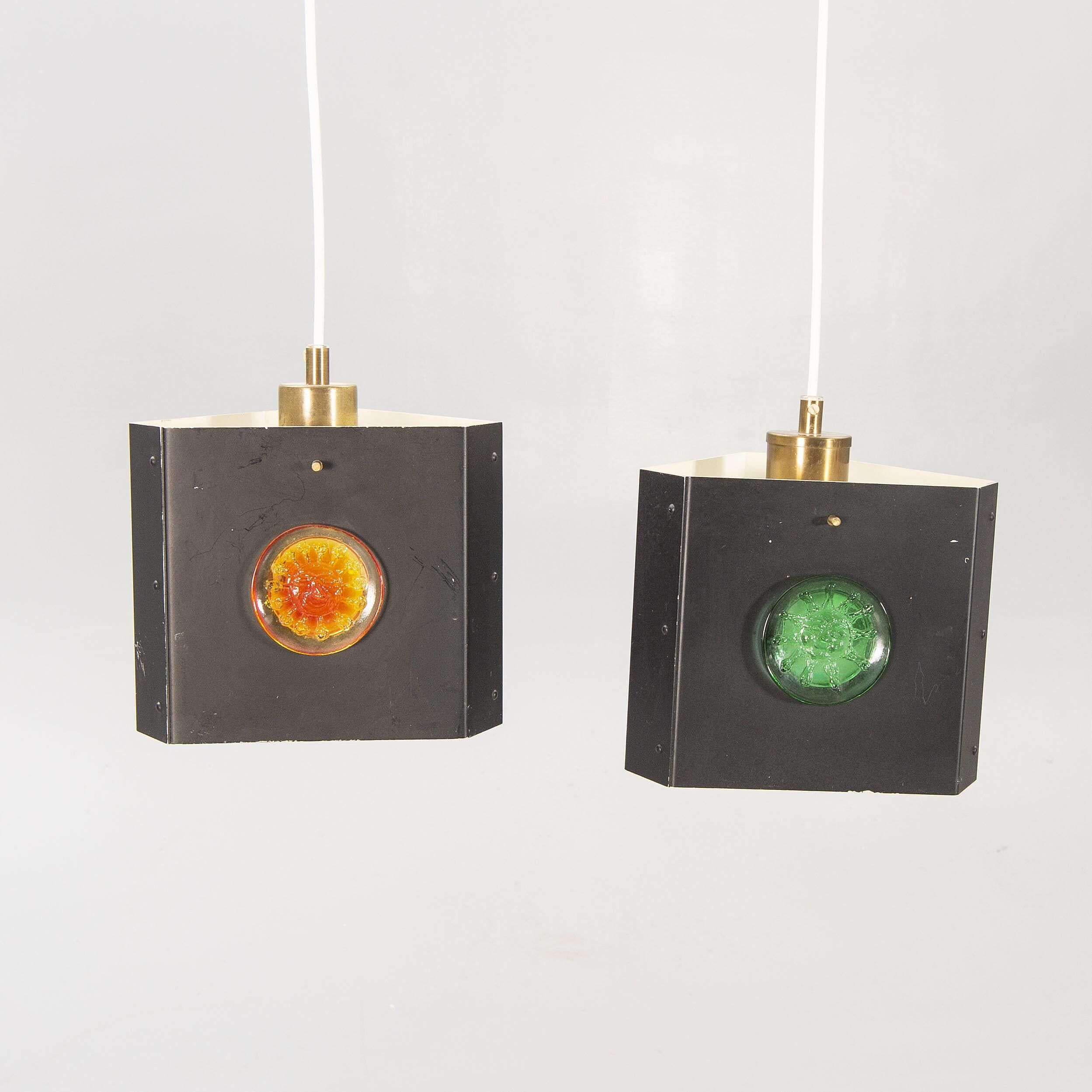 Pair of triangular pendant lamps by Hans Bergstrom, Sweden, 1950.