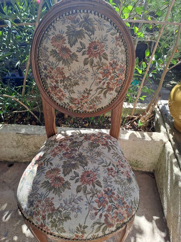 Chaise bois vernissé marron 1940 Chaise tissu assise jacquard fabrication tapissière