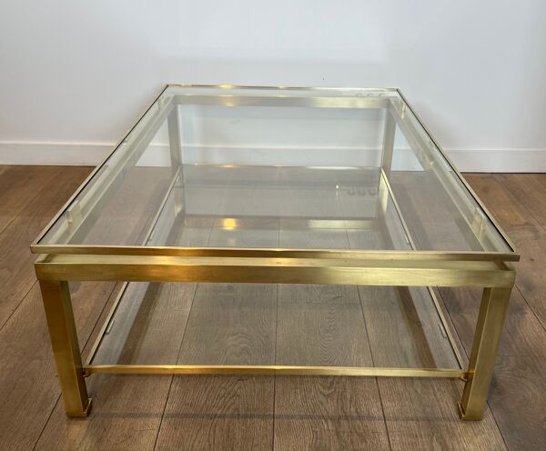 Table basse moderniste en laiton et plateaux de verre de Guy Lefèvre pour la Maison Jansen