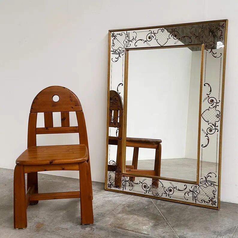 Large Vintage French Bistro Mirror with Hand-Painted Decoration and Gold Frame