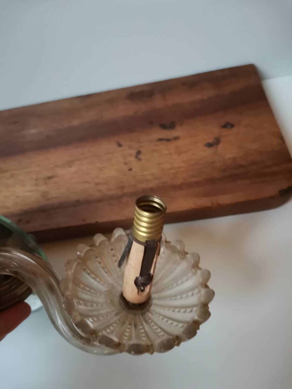 Old vintage wall lamp, brass glass and fake candle mirror