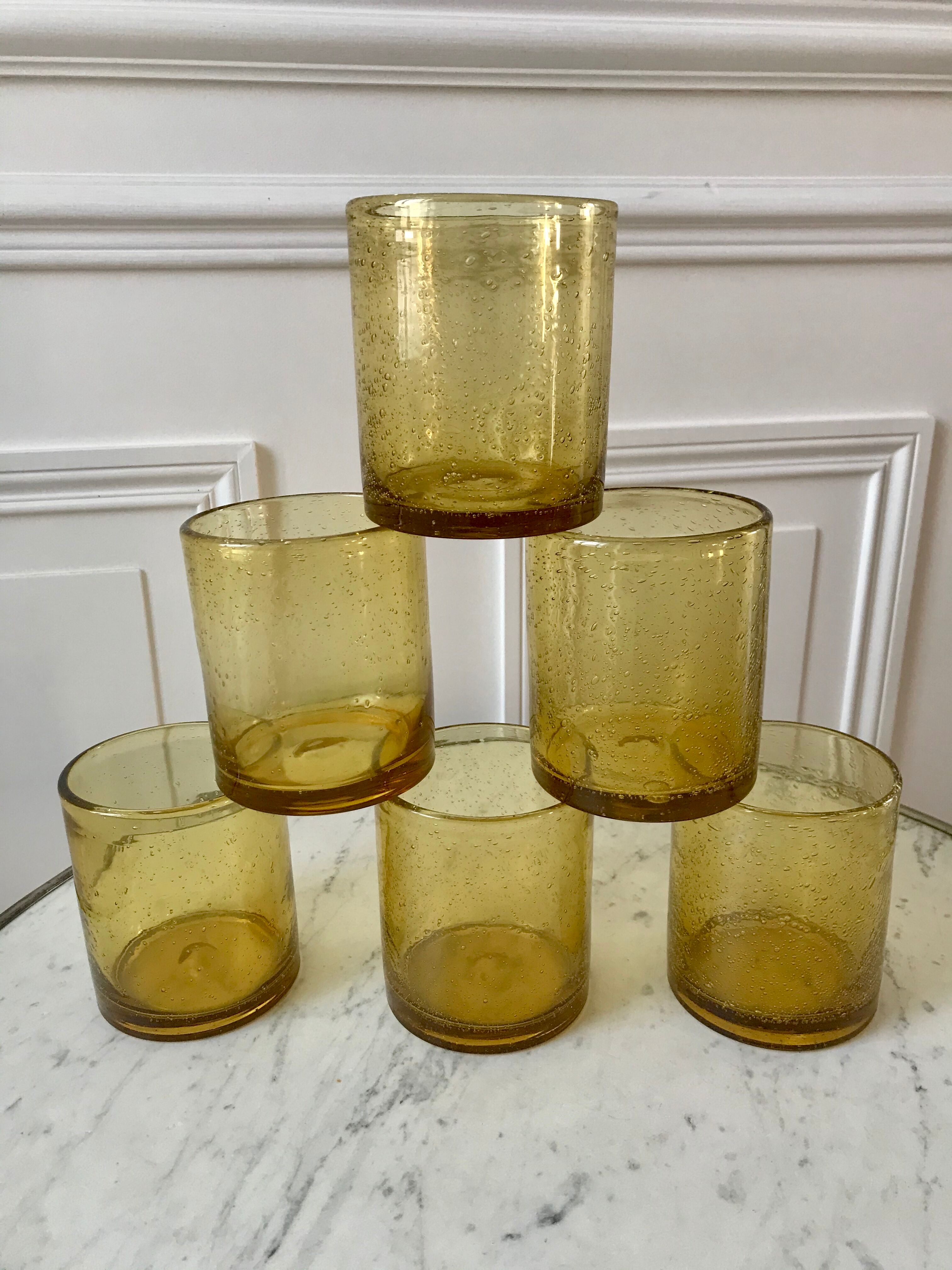 Set of 6 yellow bubble glass water glasses 70s