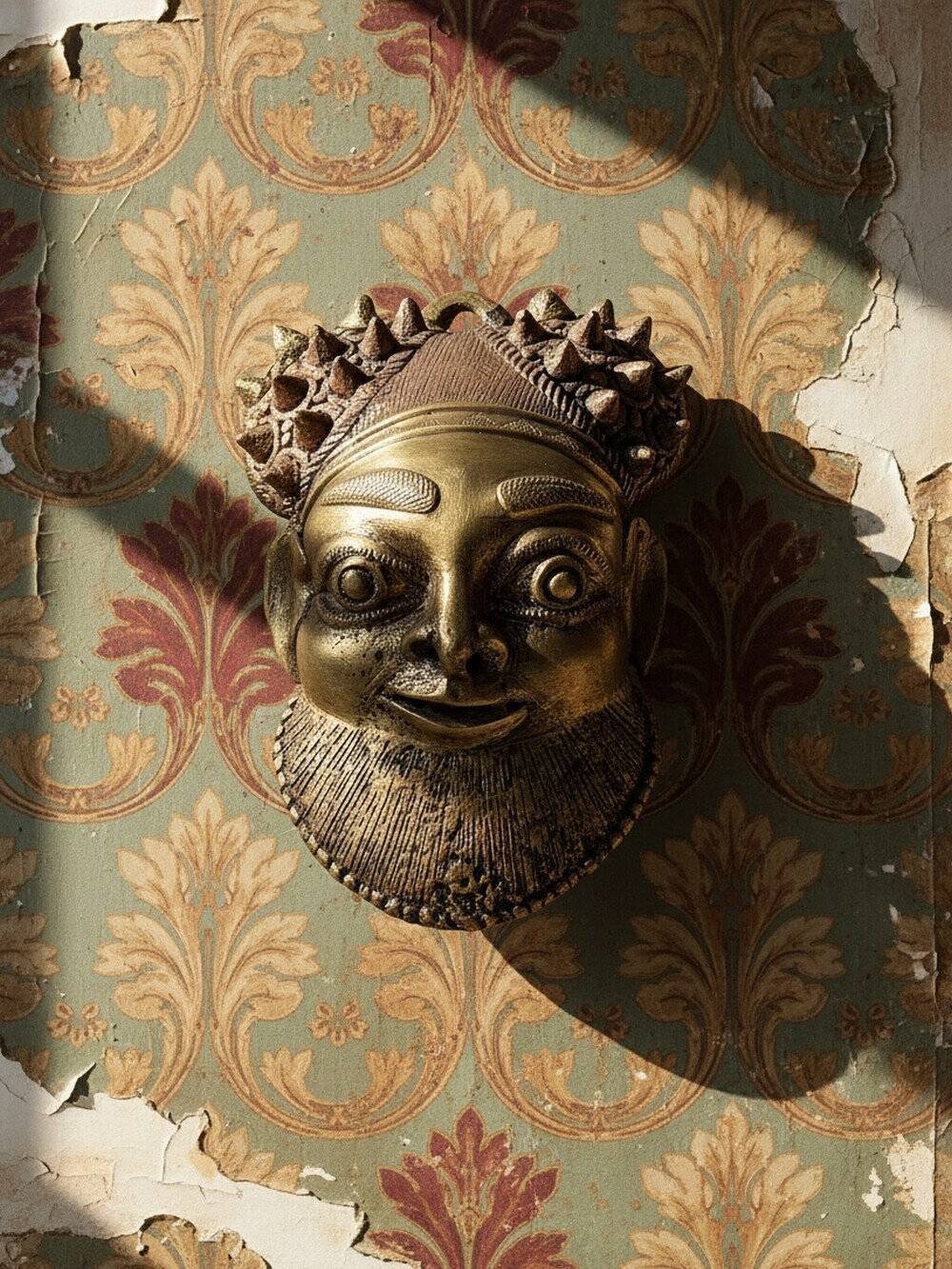 Small gilded bronze Oba mask, Bamoun, Cameroon, vintage Africa