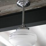 Art Deco pendant light, chrome metal suspension and glass globe, ceiling lamp.