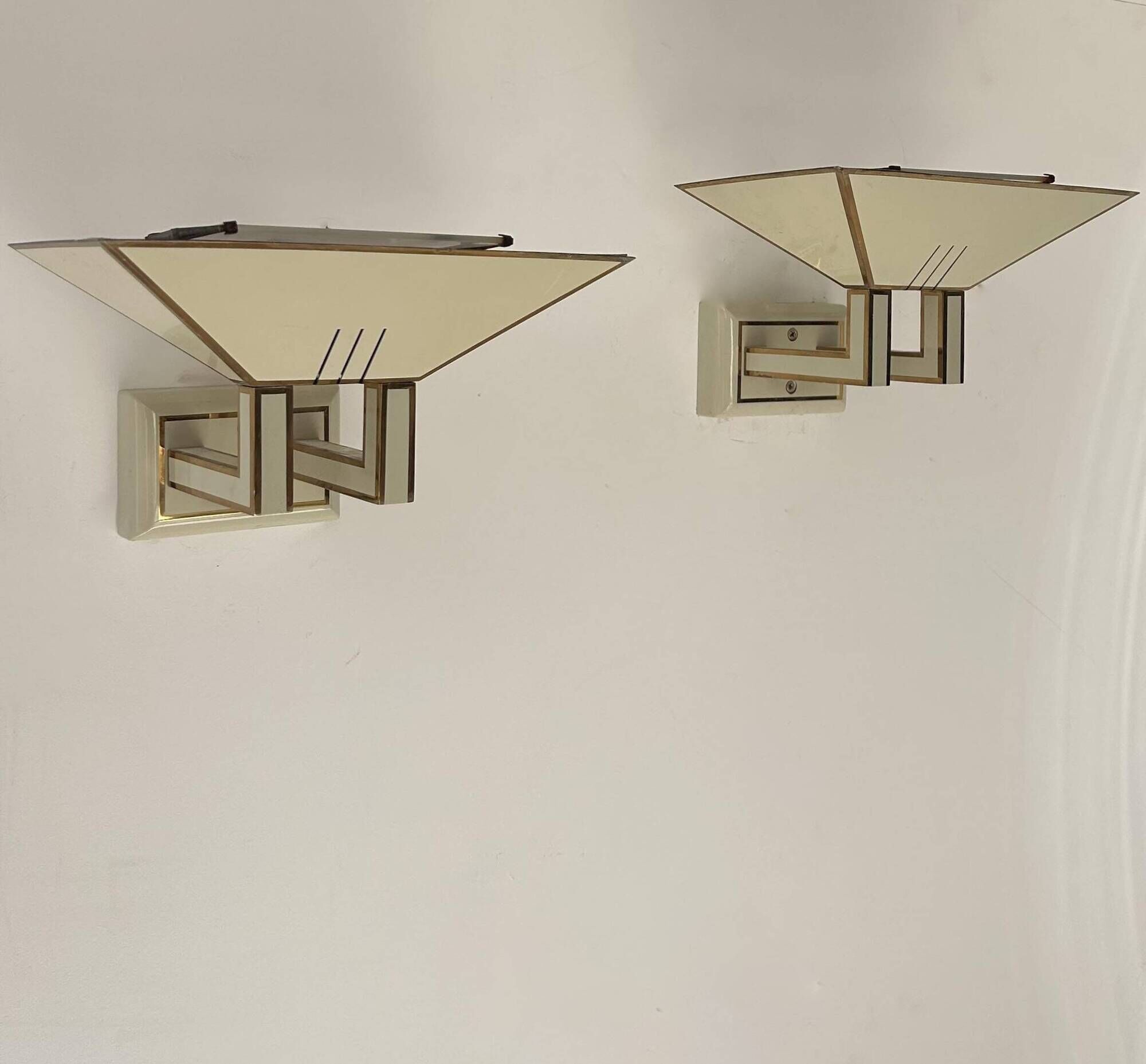 Pair of vintage wall lights, cream white and brass, Italy 1970s