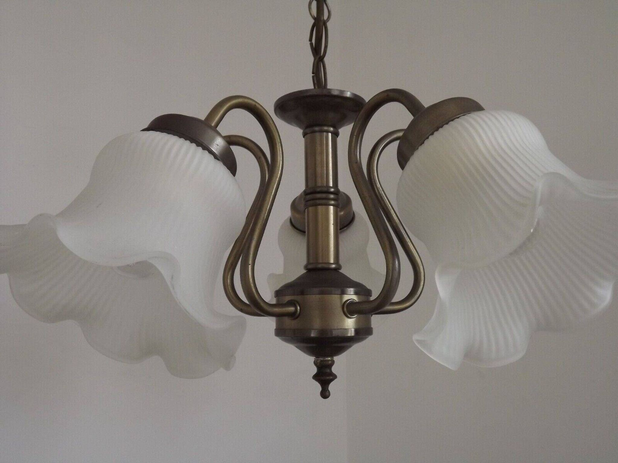 Vintage French 5 Light Silver Metal Chandelier With Patterned Glass Shades 4536