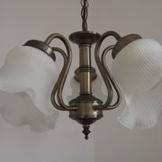 Vintage French 5 Light Silver Metal Chandelier With Patterned Glass Shades 4536
