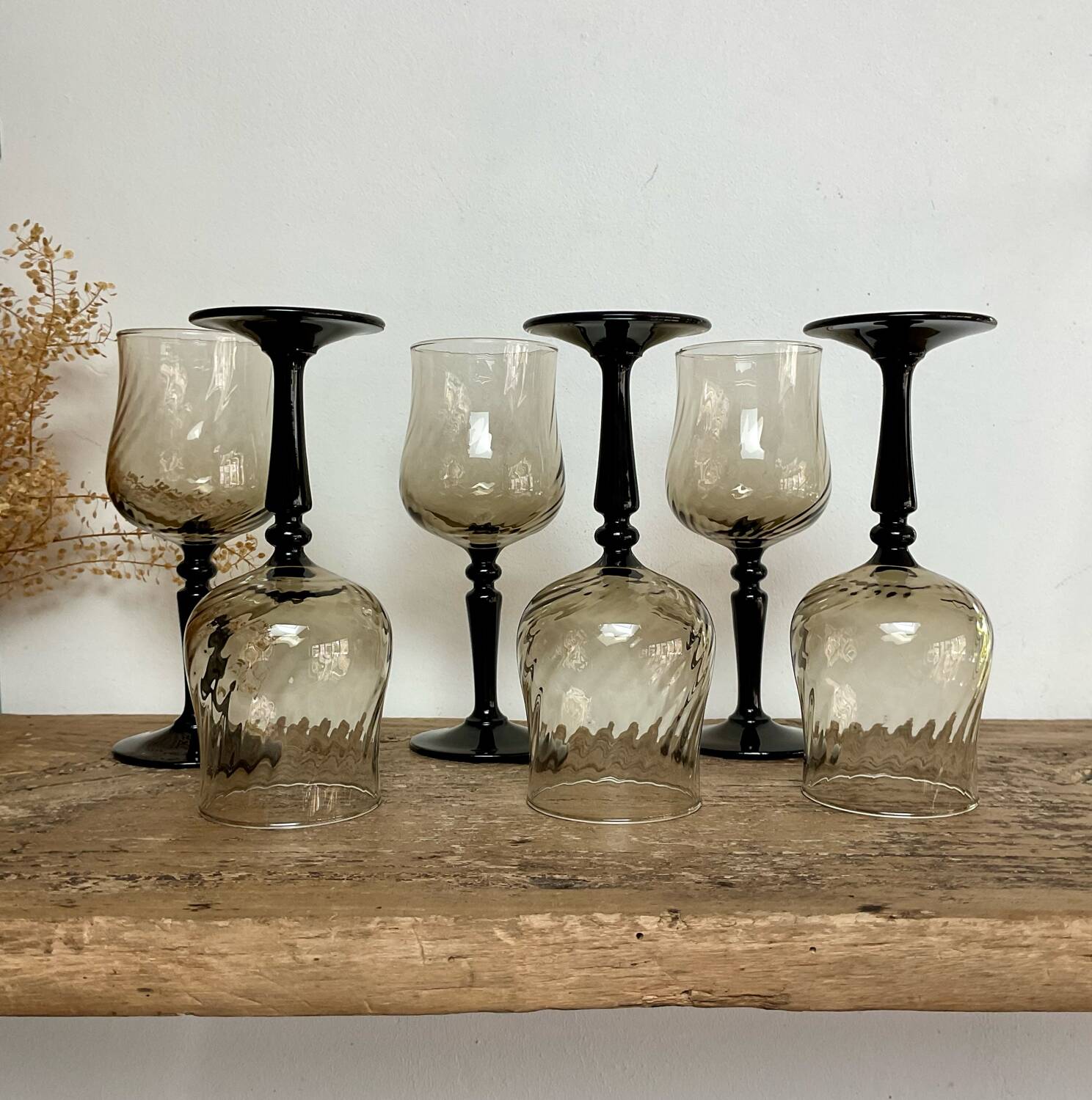 6 small luminarc smoked stemmed glasses