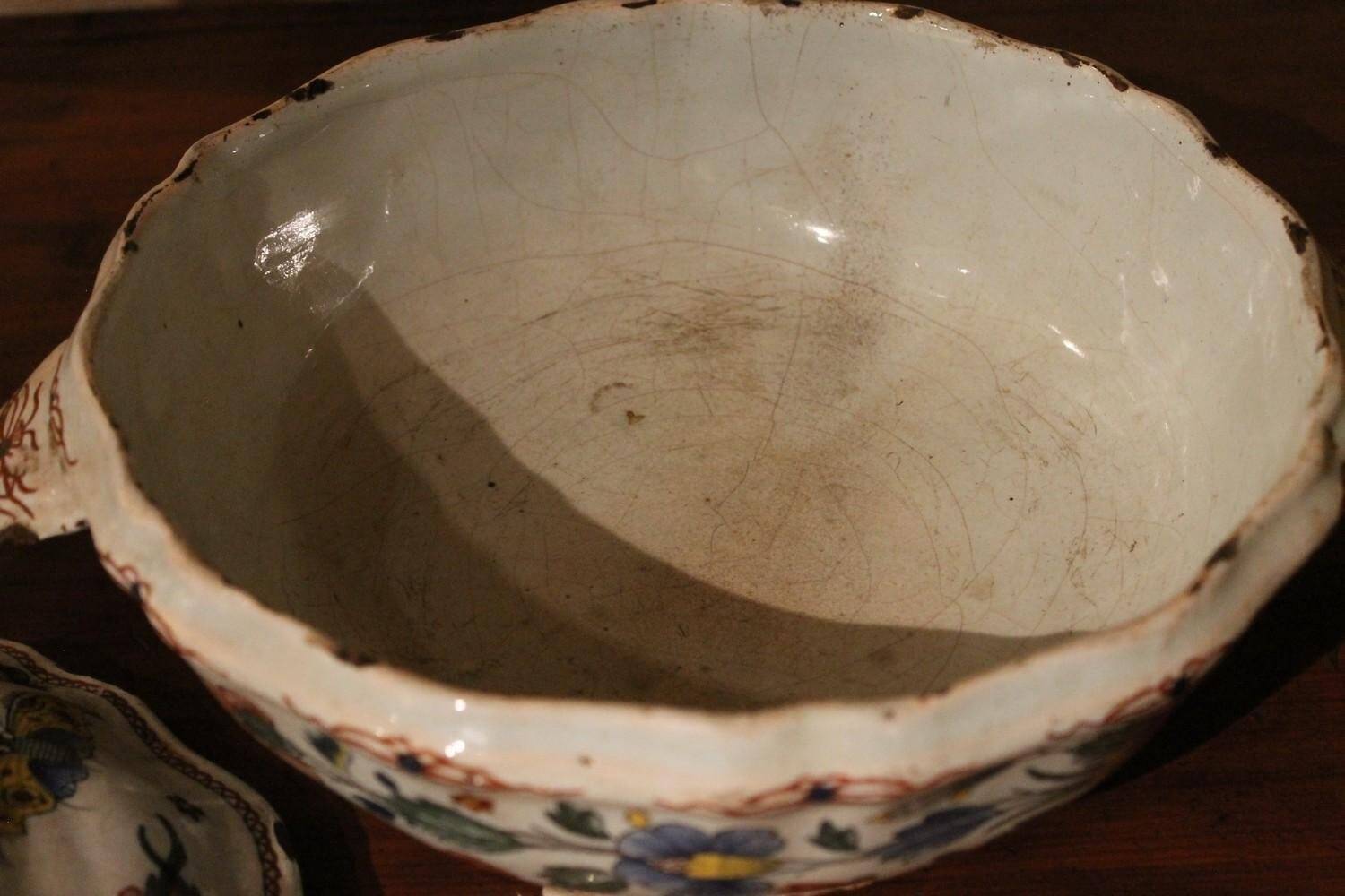 Antique French Faience Lidded Bowl Tureen Hand Painted with Flowers and Insects