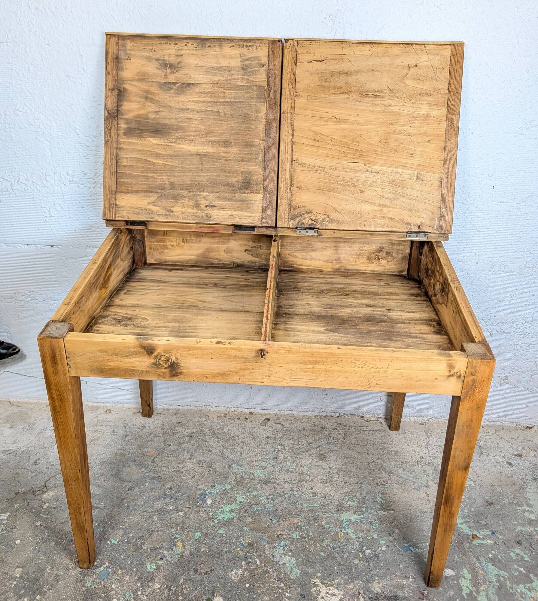 Antique wooden school desk with double lift-up tops.